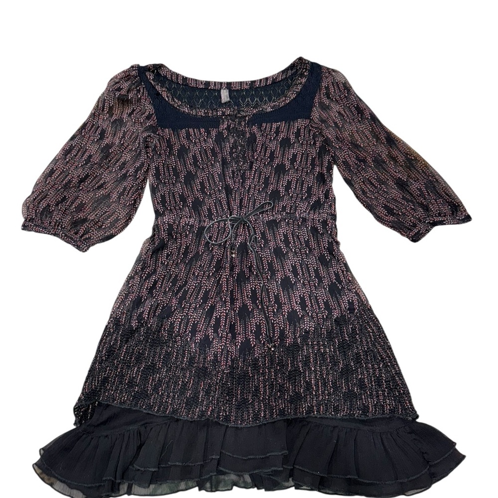 Free People Black & Pink Floral Boho Mini Dress, Lace Trim & Ruffles Size XS